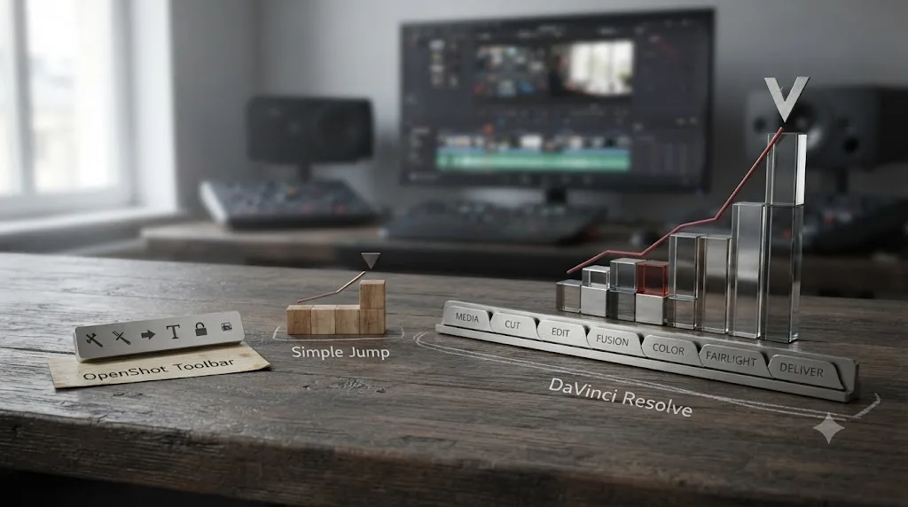 Illustration comparing the interface complexity of OpenShot's single toolbar to DaVinci Resolve's seven page layout