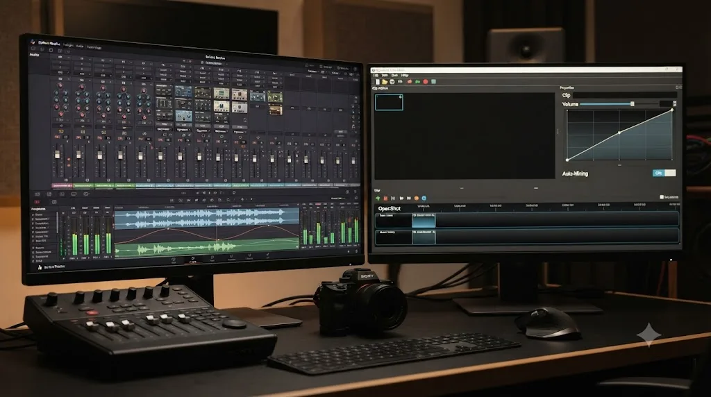 Illustration comparing DaVinci Resolve's Fairlight audio console to OpenShot's simpler volume keyframe and auto mixing tools