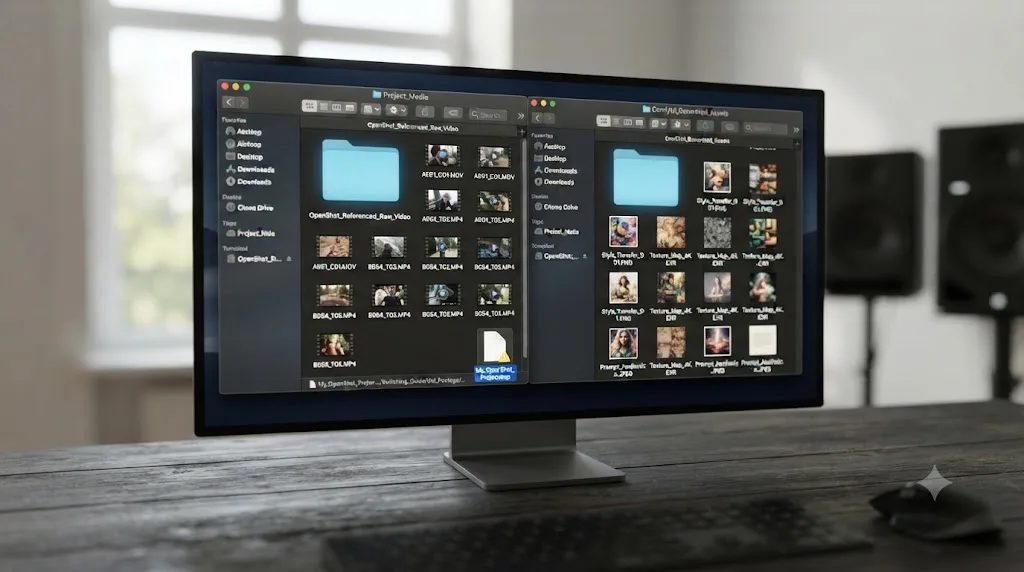 Illustration of a file explorer window showing raw footage and assets referenced by an OpenShot project file