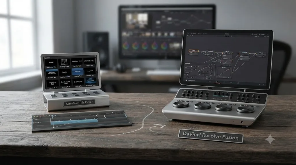Illustration comparing OpenShot's title templates and keyframes to DaVinci Resolve's node based Fusion titles