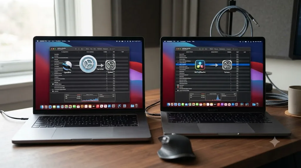 Illustration comparing OpenShot running through Rosetta translation to DaVinci Resolve running natively on Apple Silicon