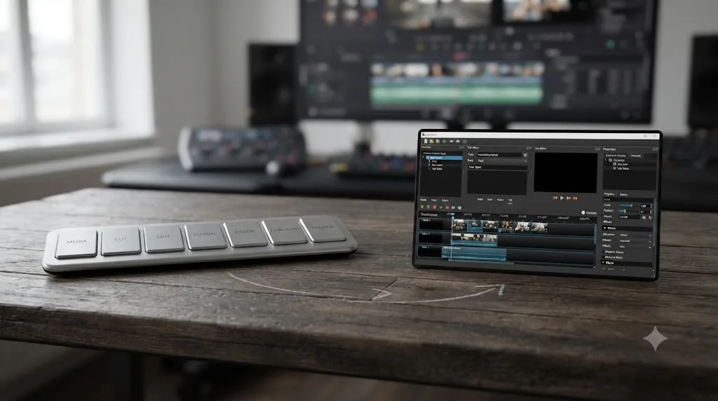 Illustration of DaVinci Resolve's seven page tabs next to a single unified OpenShot window