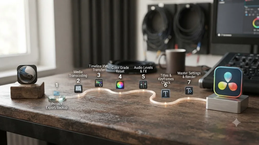 Illustration of a seven step numbered path leading from OpenShot to DaVinci Resolve