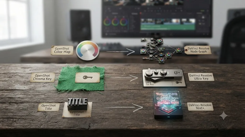 Illustration of a two column glossary mapping OpenShot terms to their DaVinci Resolve equivalents