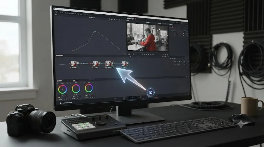 Illustration of an assistant overlay pointing at a specific node inside DaVinci Resolve's Color page