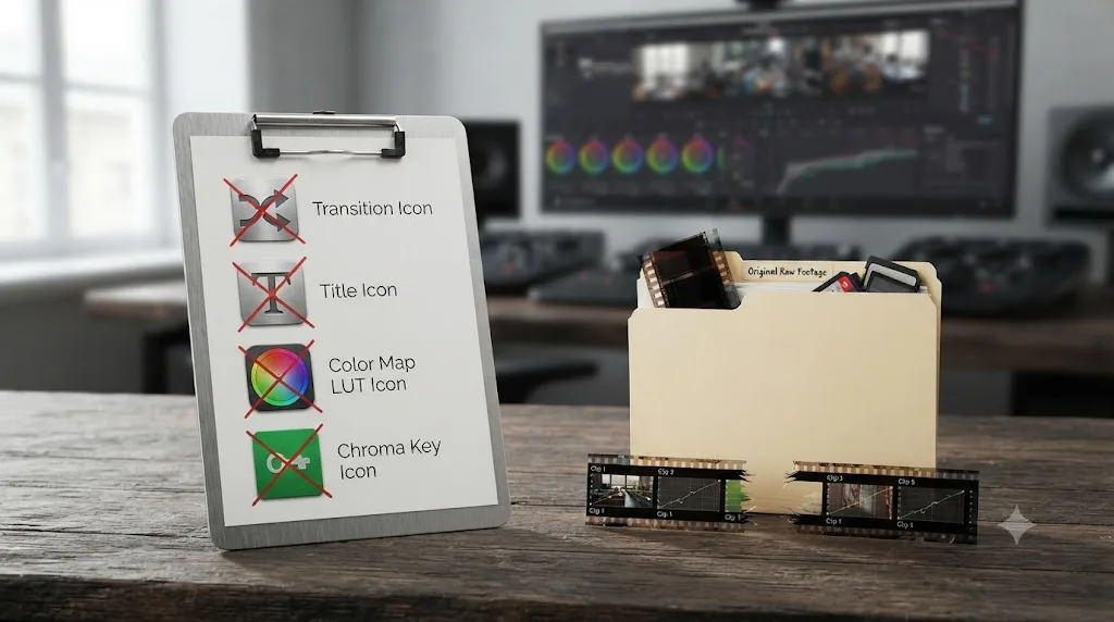 Illustration of a checklist showing what gets lost switching from OpenShot to DaVinci Resolve next to unaffected original footage