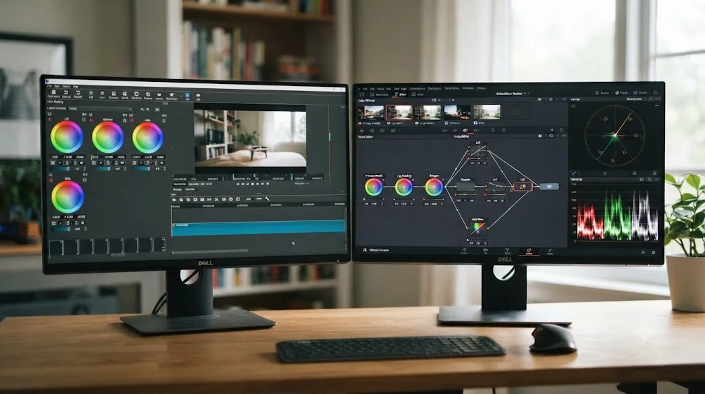 Illustration comparing Shotcut's stacked color grading filter to DaVinci Resolve's node based Color page