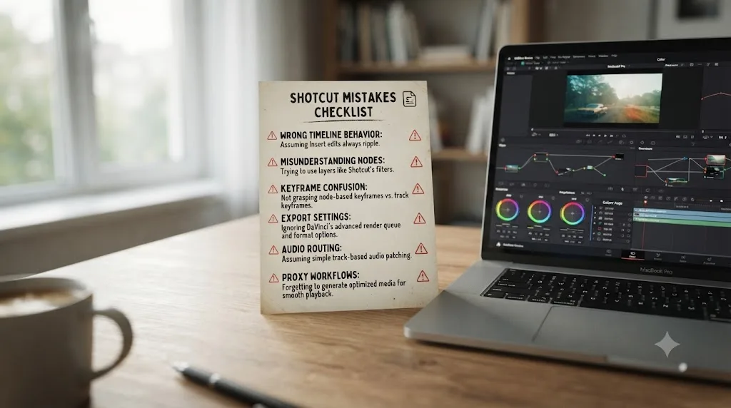 Illustration of a checklist card listing common mistakes Shotcut editors make when switching to DaVinci Resolve