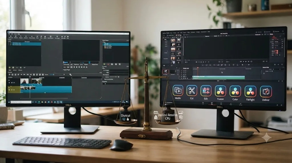 Illustration comparing Shotcut's single window interface to DaVinci Resolve's seven page layout and heavier hardware needs