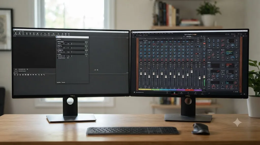 Illustration comparing DaVinci Resolve's Fairlight audio console to Shotcut's simpler stacked audio filters