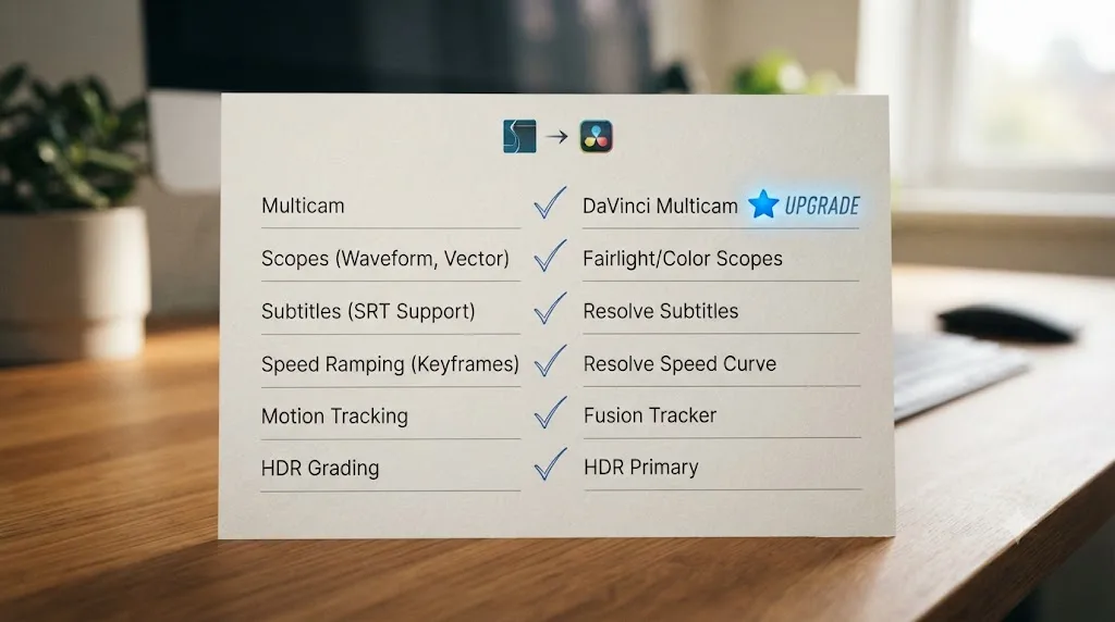 Illustration of a checklist comparing Shotcut's signature features to their DaVinci Resolve equivalents