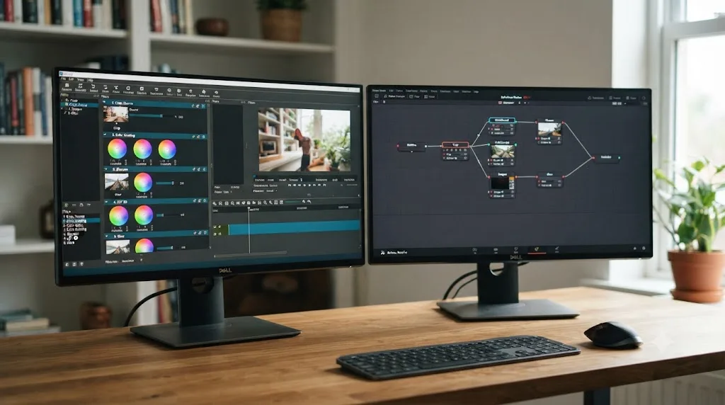 Illustration comparing Shotcut's stacked filter panel to DaVinci Resolve's node based Fusion page