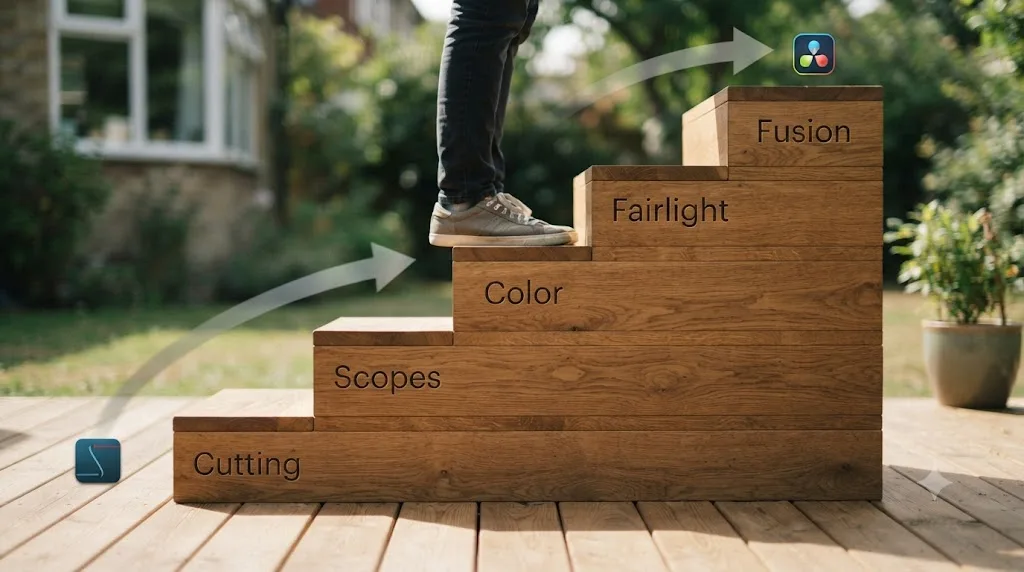 Illustration of a staircase showing increasing time investment across DaVinci Resolve's cutting, color, audio, and Fusion skills