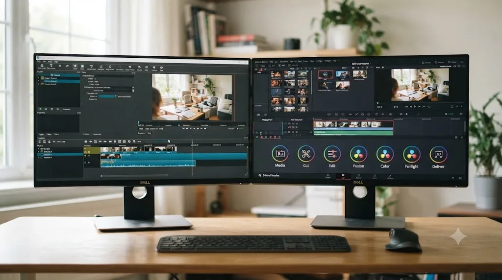 Illustration of DaVinci Resolve's seven page tabs next to a single Shotcut window with docked Timeline, Playlist, and Filters panels