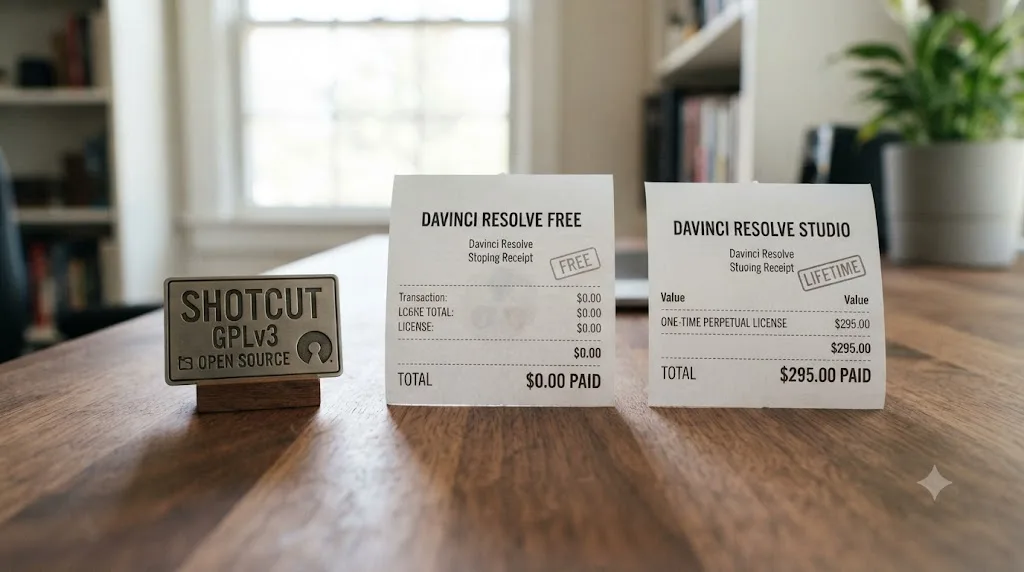 Illustration comparing Shotcut's free open source license to DaVinci Resolve's free and one-time Studio pricing