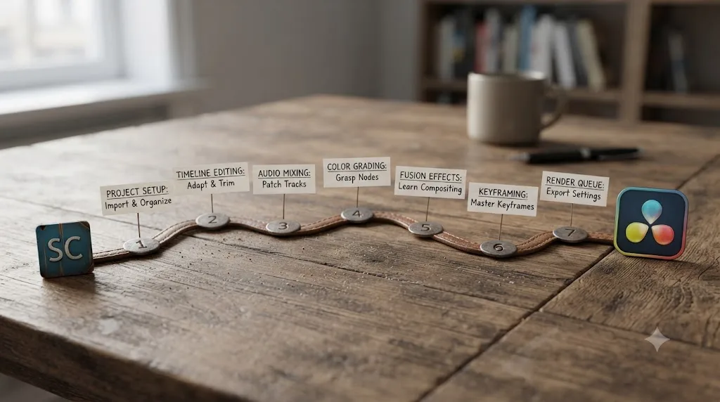 Illustration of a seven step numbered path leading from Shotcut to DaVinci Resolve