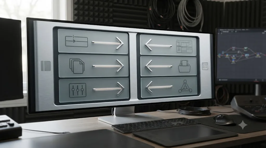 Illustration of a two column chart mapping Shotcut terminology to DaVinci Resolve terminology