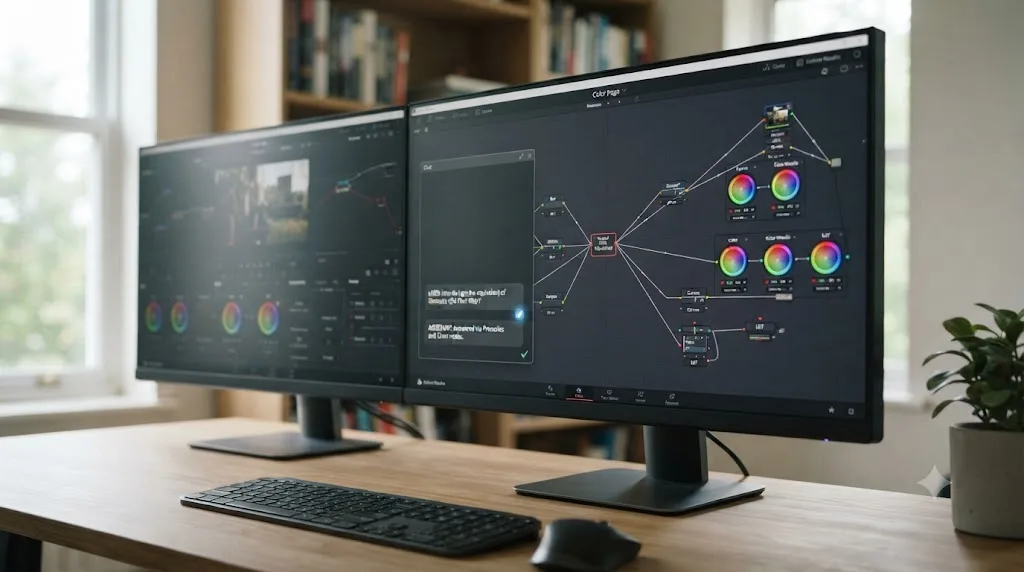 Illustration of an assistant overlay pointing at a specific node inside DaVinci Resolve's Color page