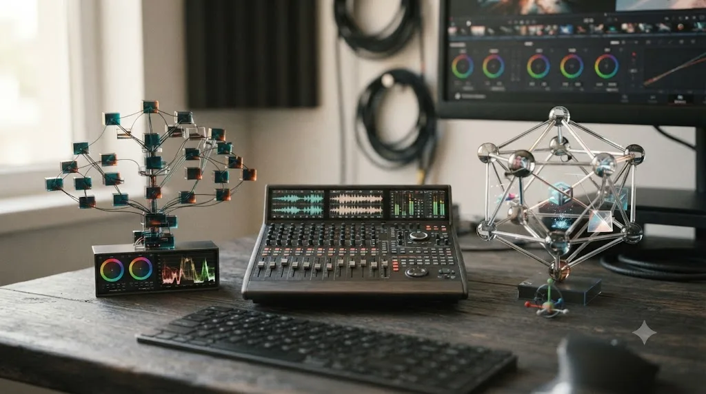 Illustration of three reasons Shotcut editors switch to DaVinci Resolve: color depth, audio depth, and compositing depth