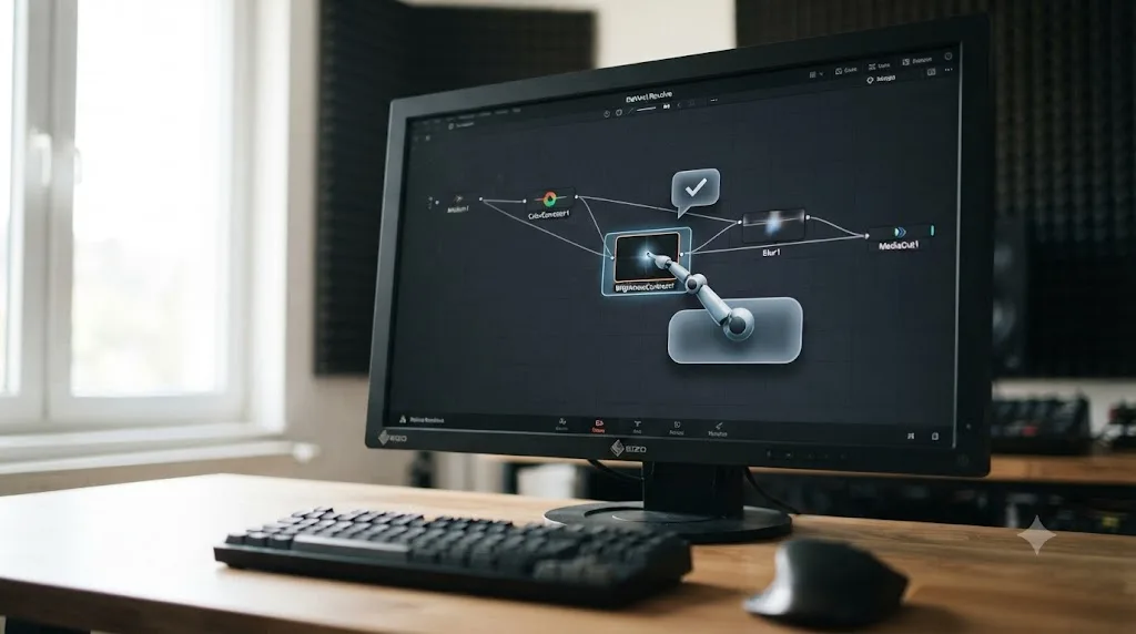 Illustration of an assistant overlay pointing at a specific node inside DaVinci Resolve's Fusion page