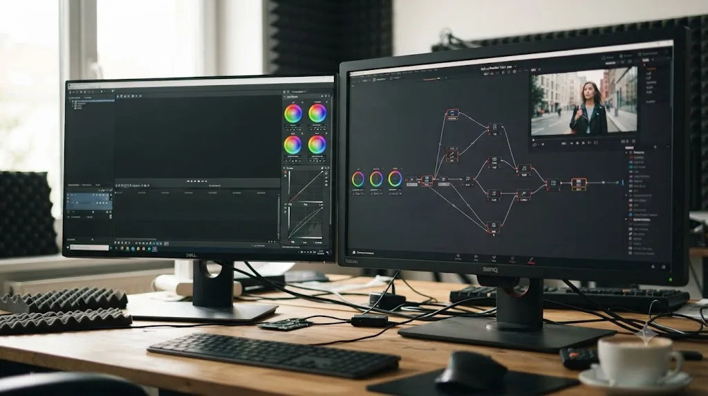 Illustration comparing Vegas Pro's single color panel to DaVinci Resolve's node based Color page