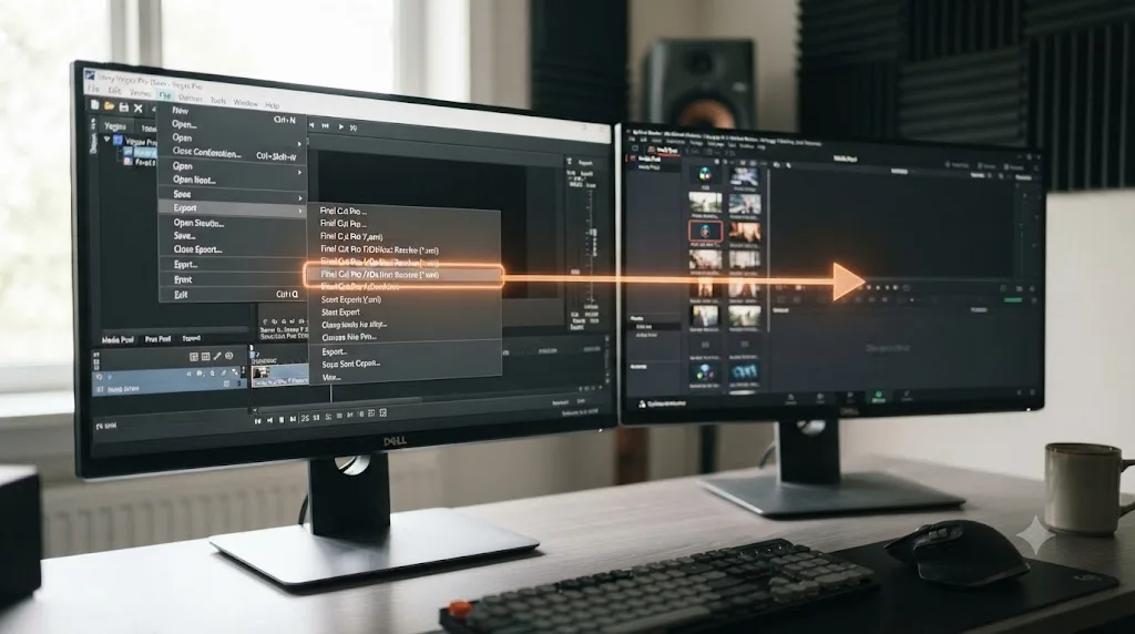 Illustration of a Vegas Pro export menu highlighting the DaVinci Resolve XML option flowing into a Resolve Media Pool panel