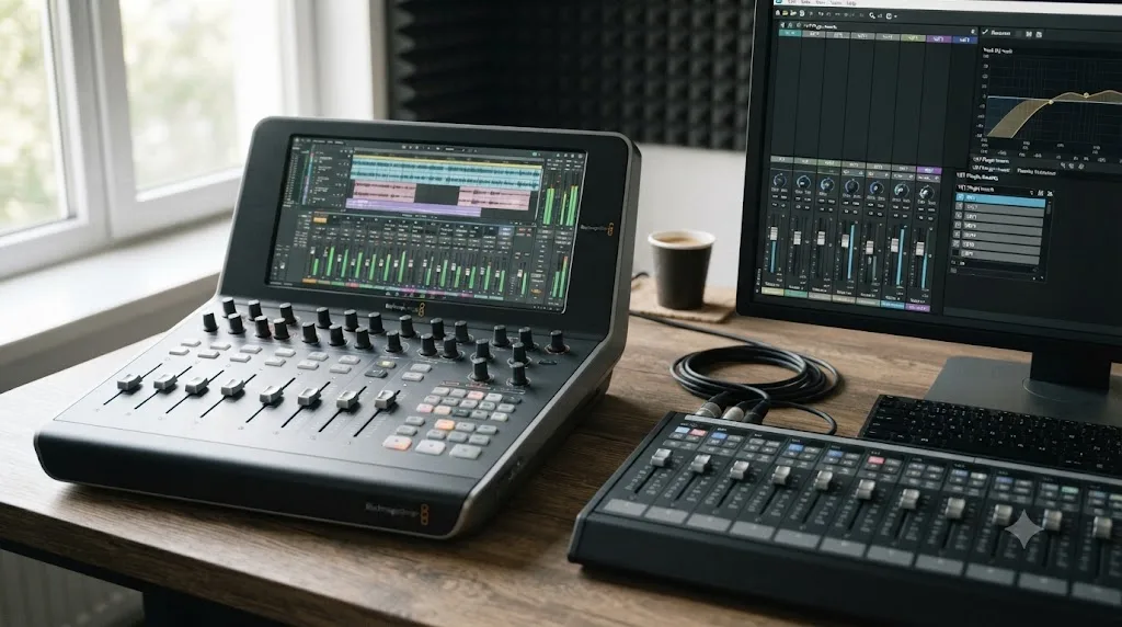 Illustration comparing DaVinci Resolve's Fairlight audio console to Vegas Pro's own capable native audio mixer