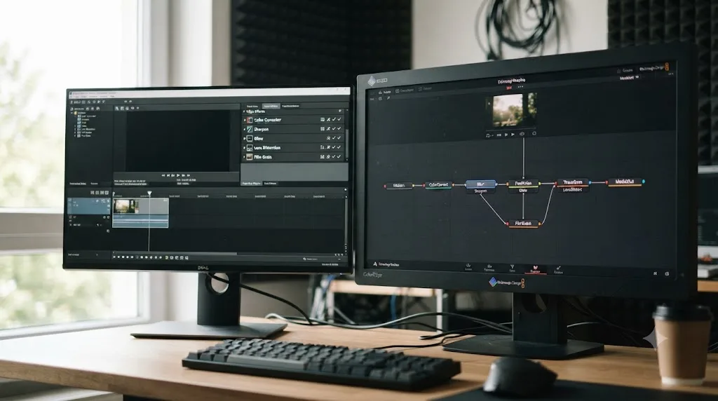Illustration comparing Vegas Pro's stacked plugin effects to DaVinci Resolve's node based Fusion compositing