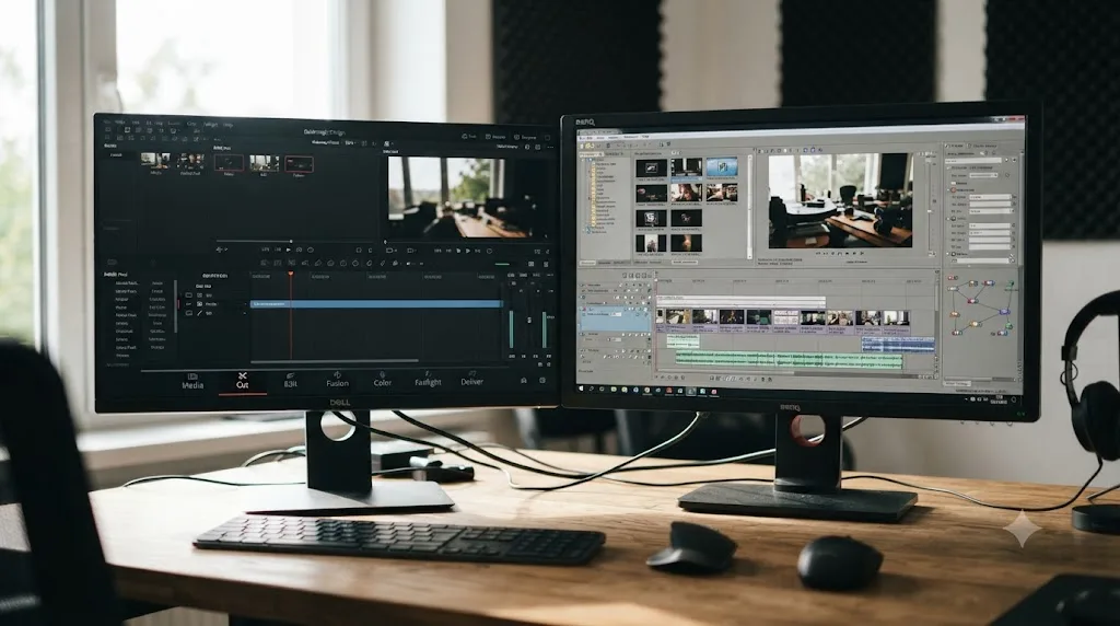 Illustration of DaVinci Resolve's seven page tabs next to a single Vegas Pro window showing everything in one timeline view