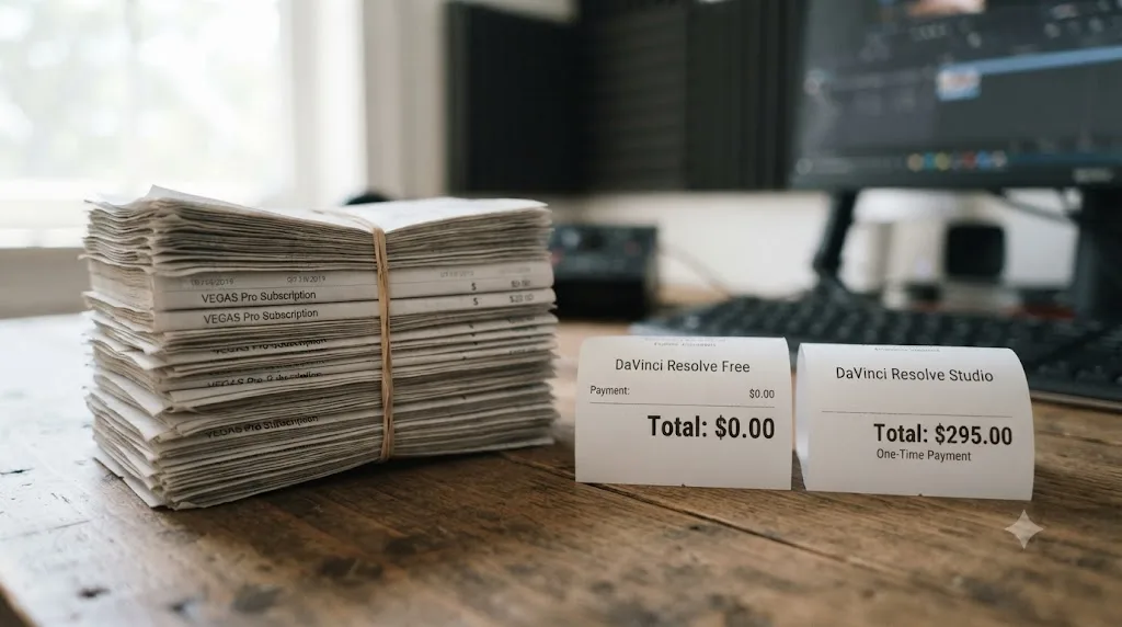 Illustration comparing a recurring Vegas Pro subscription invoice to DaVinci Resolve's free and one-time Studio pricing