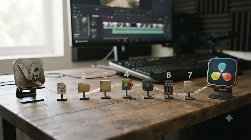 Illustration of a seven step numbered path leading from Vegas Pro to DaVinci Resolve
