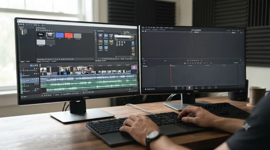 Illustration comparing a Vegas Pro single timeline window to DaVinci Resolve's seven separate page tabs
