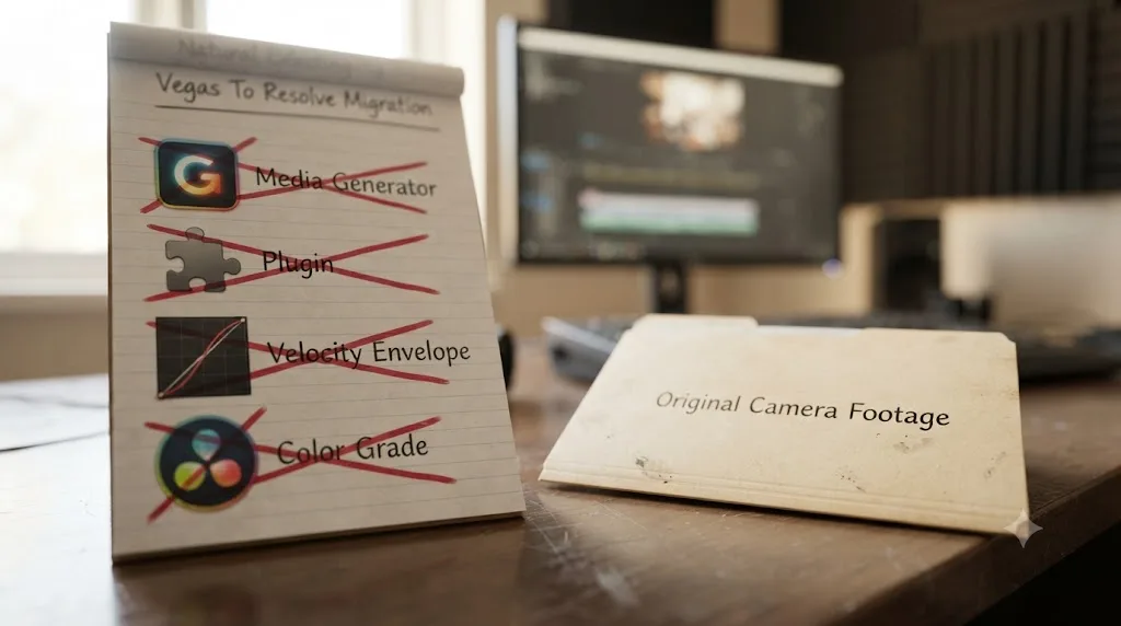 Illustration of a checklist showing what gets lost switching from Vegas Pro to DaVinci Resolve next to unaffected original footage