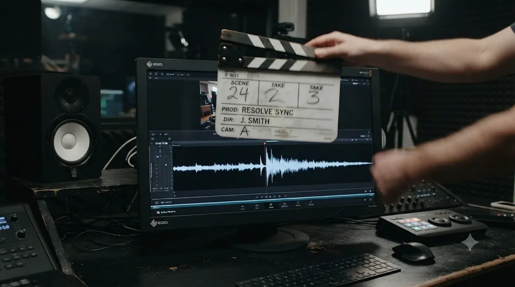 Illustration of a film clapperboard closing above a waveform spike