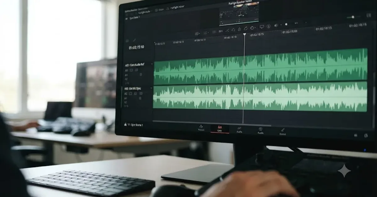 Illustration of two audio waveforms lining up above a DaVinci Resolve timeline clip