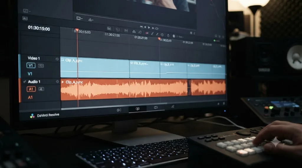 Illustration of an audio waveform gradually sliding out of alignment with a video track over time