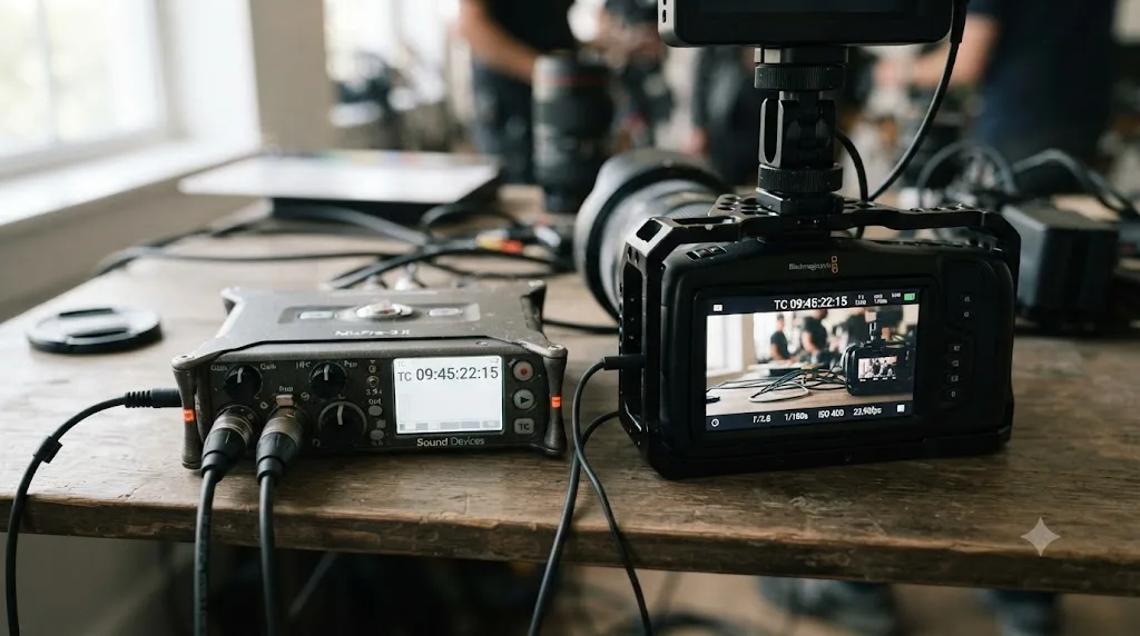Illustration of a dual-system field recorder with a timecode display beside a camera showing matching timecode