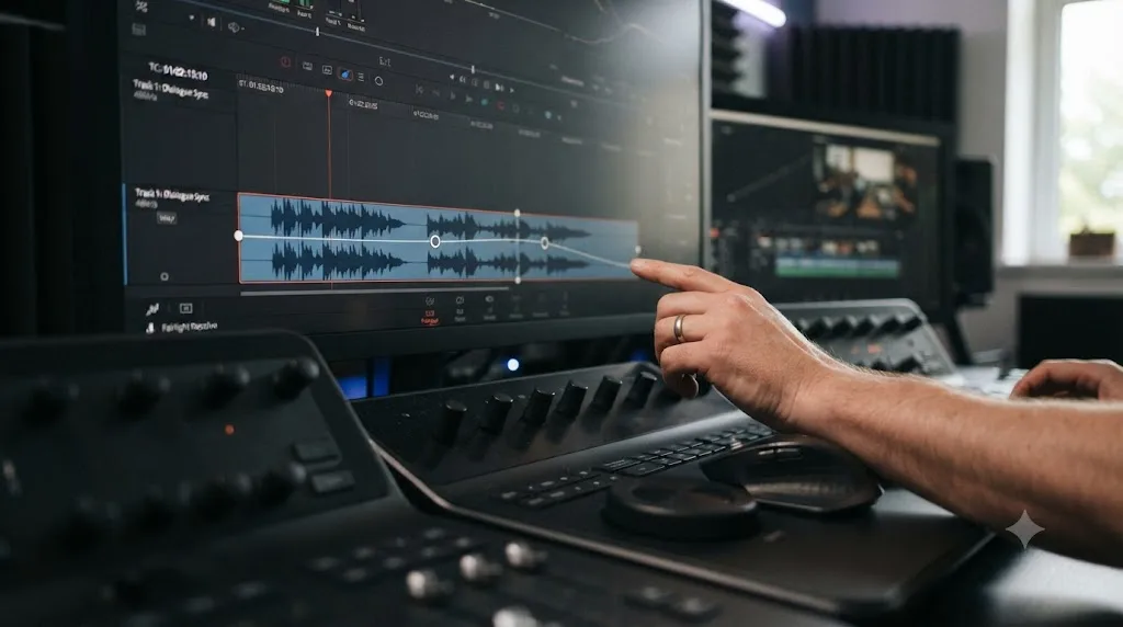 Illustration of an audio clip being stretched with keyframe handles in a Fairlight-style retiming tool