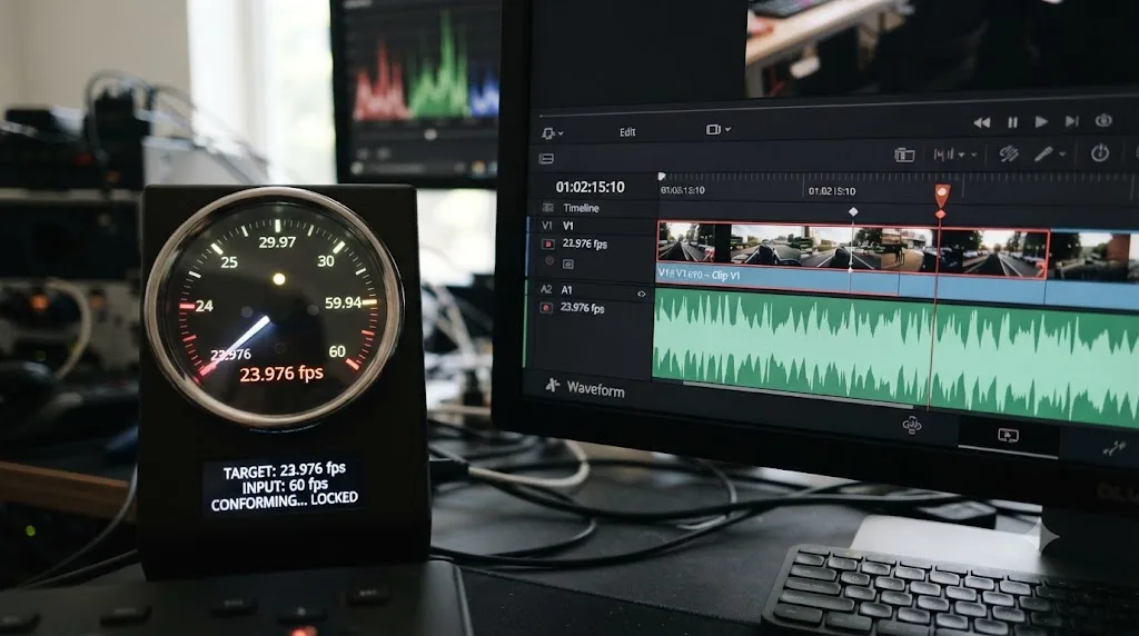 Illustration of a video clip's frame rate being conformed to a timeline while its audio waveform stays level