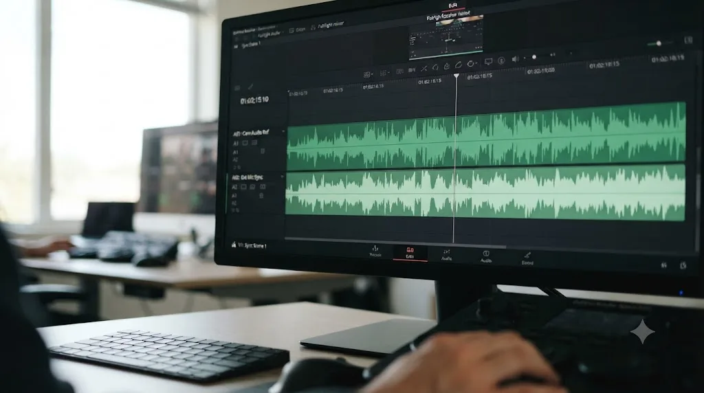 Illustration of two audio waveforms lining up above a DaVinci Resolve timeline clip