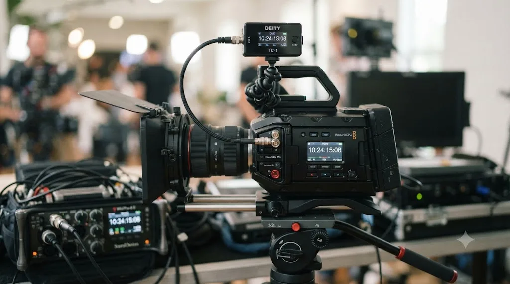 Illustration of a camera and a wireless audio recorder linked by a timecode cable