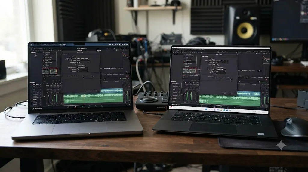 Illustration of a Mac and a Windows computer each showing a DaVinci Resolve audio settings panel