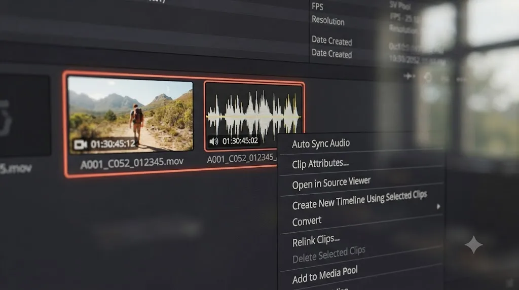 Illustration of video and audio clips selected together in a DaVinci Resolve media bin