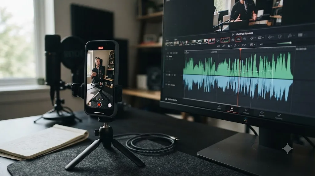 Illustration of a smartphone recording next to an uneven, stretched audio waveform representing variable frame rate