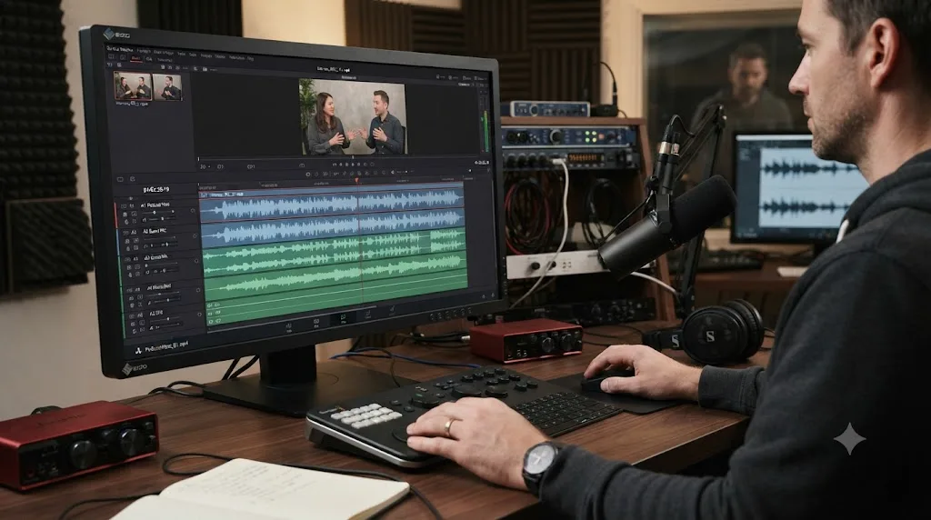 Illustration of a multitrack podcast recording with several audio channels stacked beside a video clip