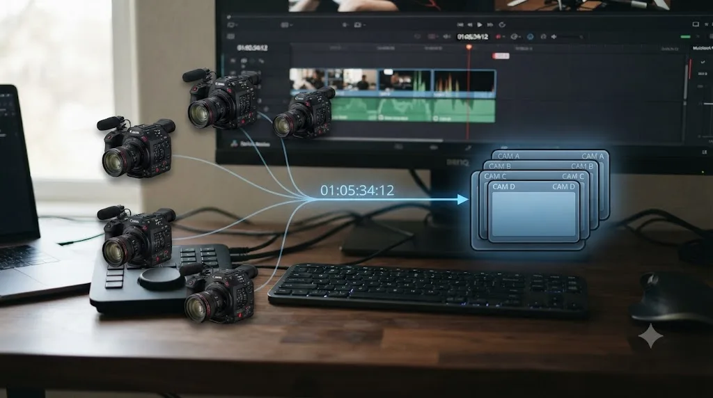 Illustration of four camera angles stacked into one multicam clip icon
