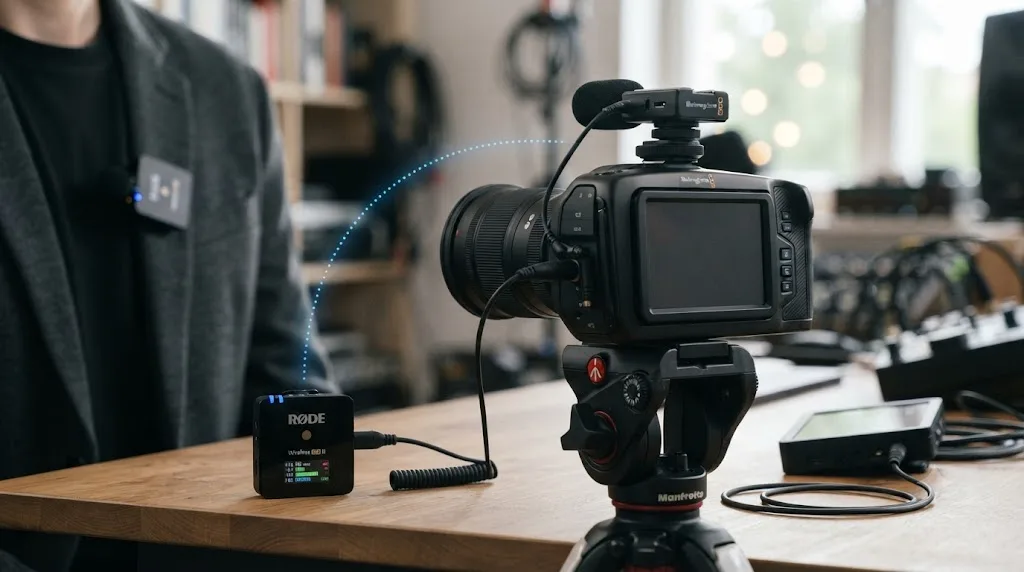 Illustration of a wireless lavalier microphone transmitter and receiver beside a camera