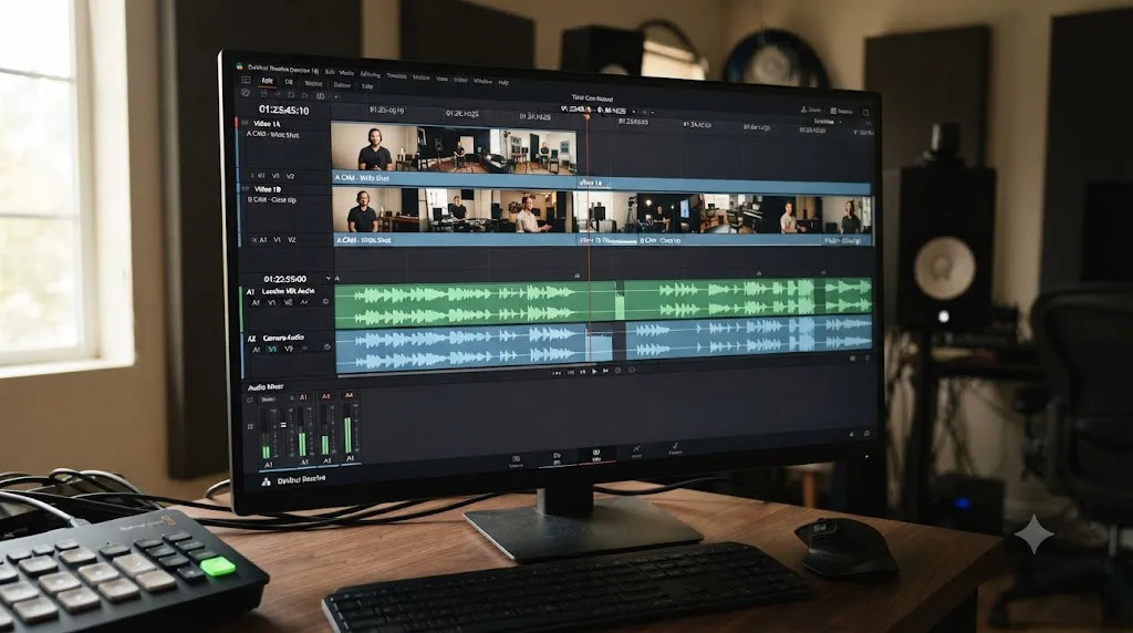 Illustration of a finished multicam timeline with synced audio and video tracks in DaVinci Resolve