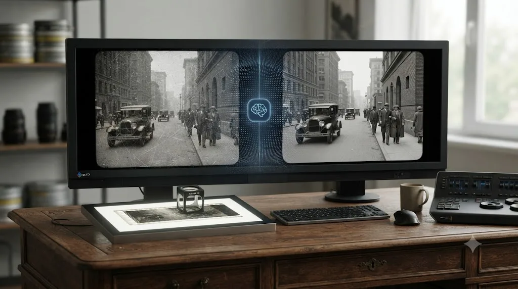 Illustration of a damaged archival film frame being restored through an AI reconstruction model into a clean, detailed frame