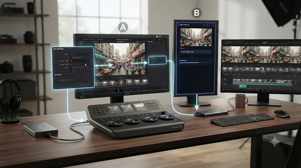 Illustration of a production pipeline splitting footage between DaVinci Resolve's Super Scale and a standalone Topaz Video AI pass, converging into one finished timeline